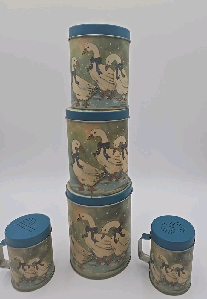 Vintage Set 3 Nesting Geese/Ducks Metal Tin Canisters & Salt & Pepper Shakers