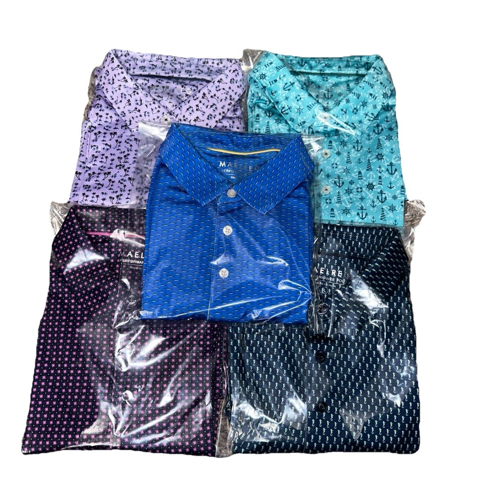 Maelreg Men Large Performance Golf Polo Mixed Print Short Sleeve  Shirts- 5 Pcs