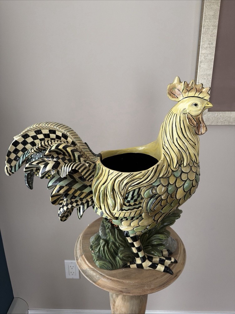 Retired Mackenzie Childs Courtly Stripe Check LARGE Rooster Chicken Planter Pot