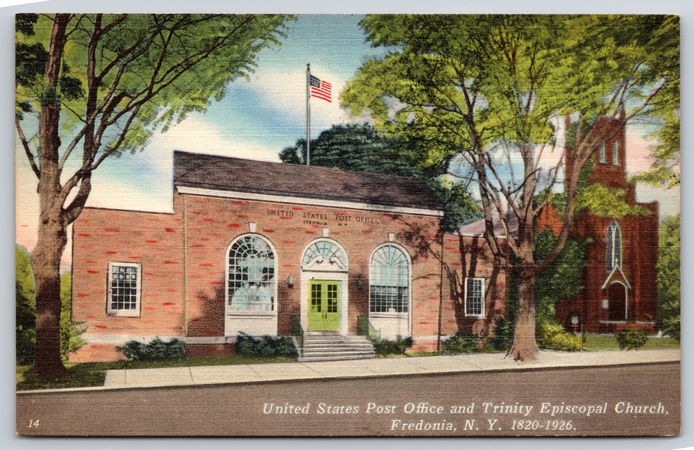 Fredonia New York~US Post Office & Trinity Episcopal Church~Vtg Linen Postcard