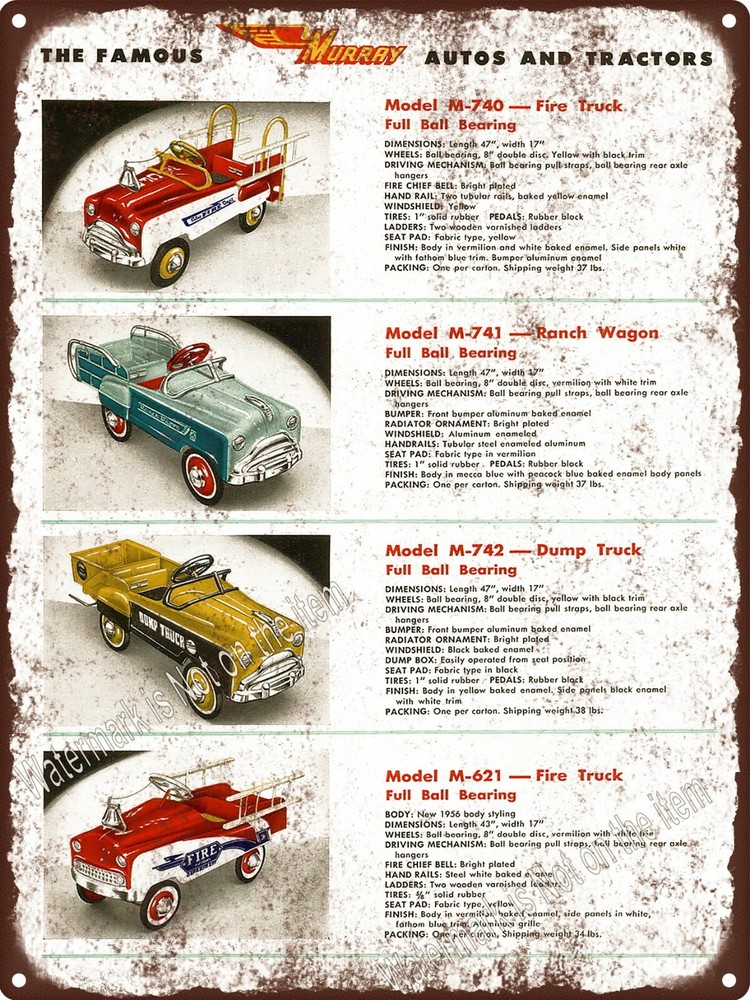 1956 Murray Pedal Car Fire Truck Dump Ranch Wagon Metal Sign 9x12