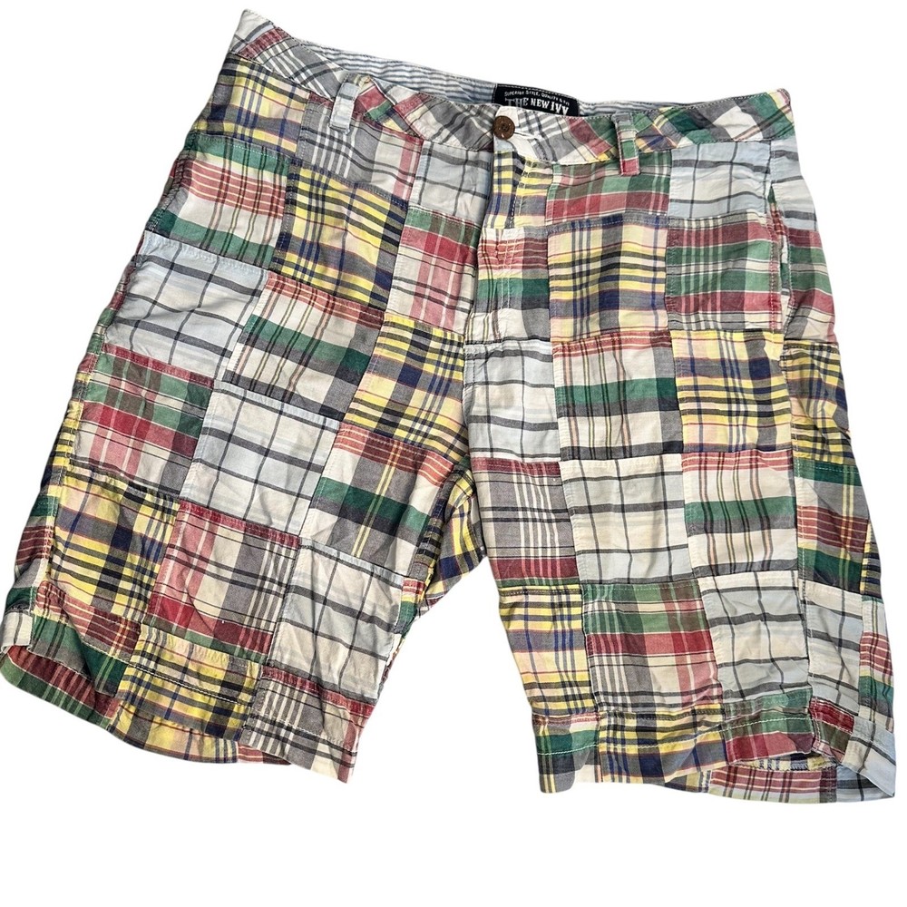 The New Ivy Patchwork Madras Shorts Mens 36 Multi Color Plaid Cotton Preppy