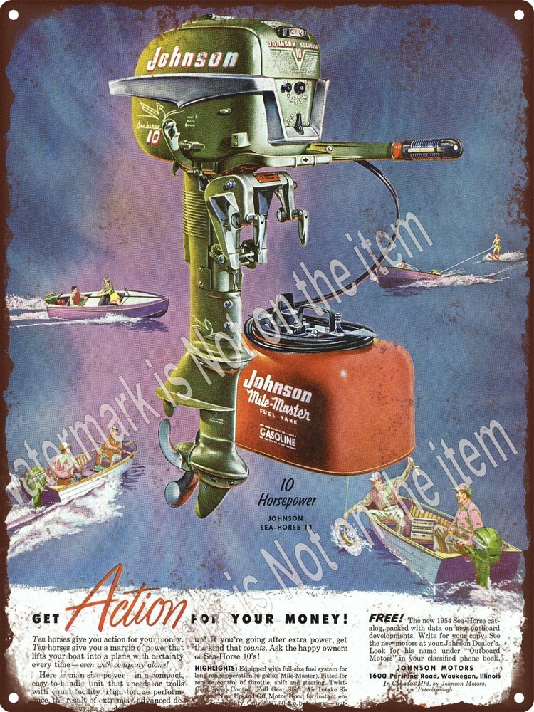 1954 Johnson 10hp Sea Horse OUTBOARD MOTOR Boat Fishing Metal Sign 9x12 A585