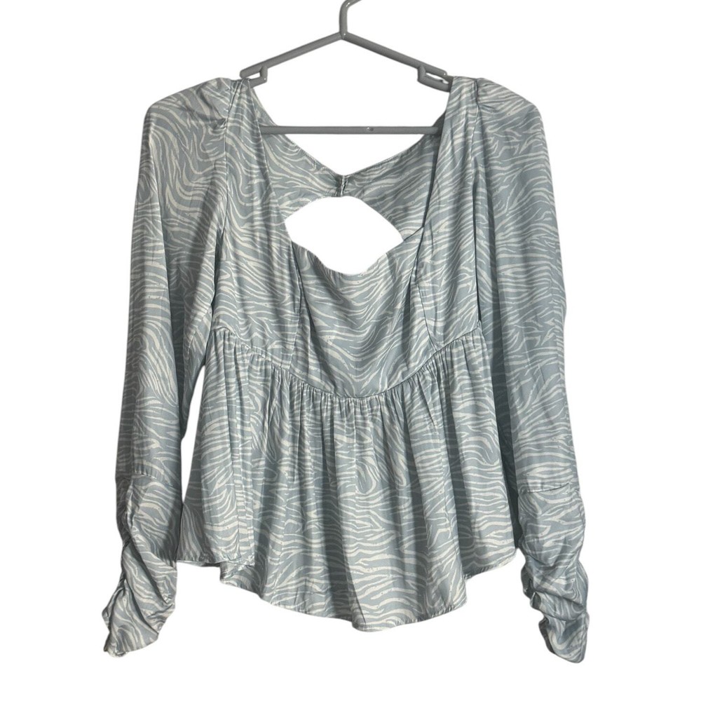 Free People Zebra Print Blouse Womens Small Blue Silky Open Back Bohemian Boho