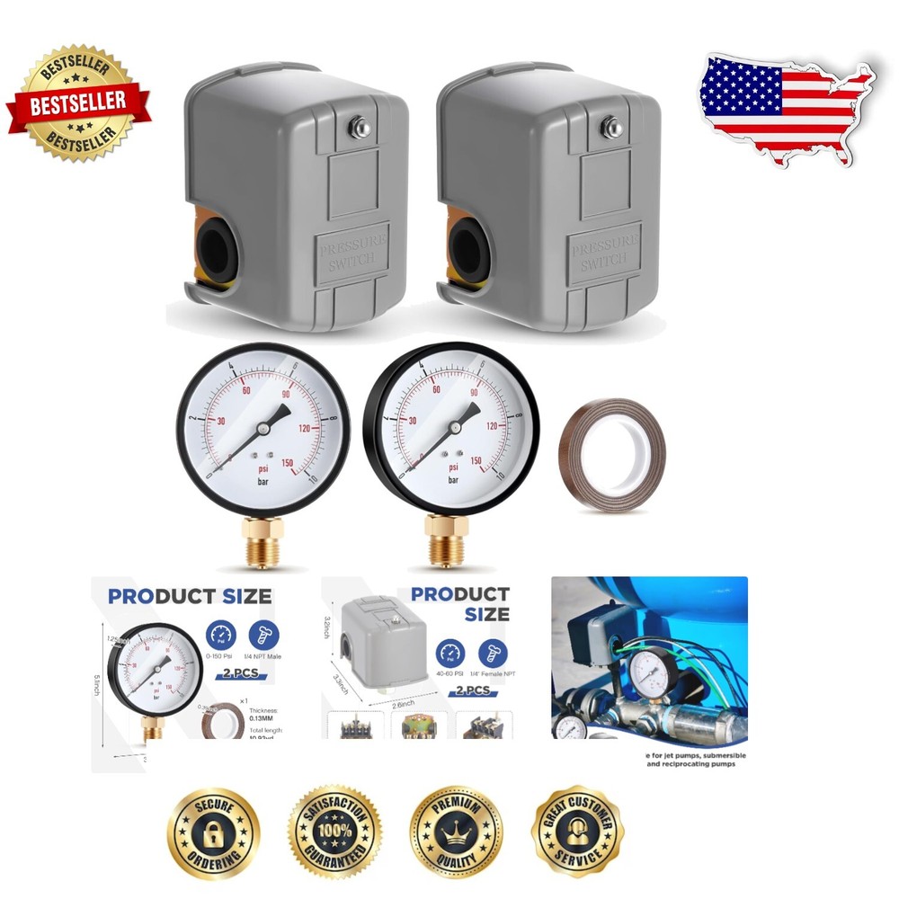 Quality Well Pump Pressure Switch 40-60 PSI with Gauges and Teflon Tape Included