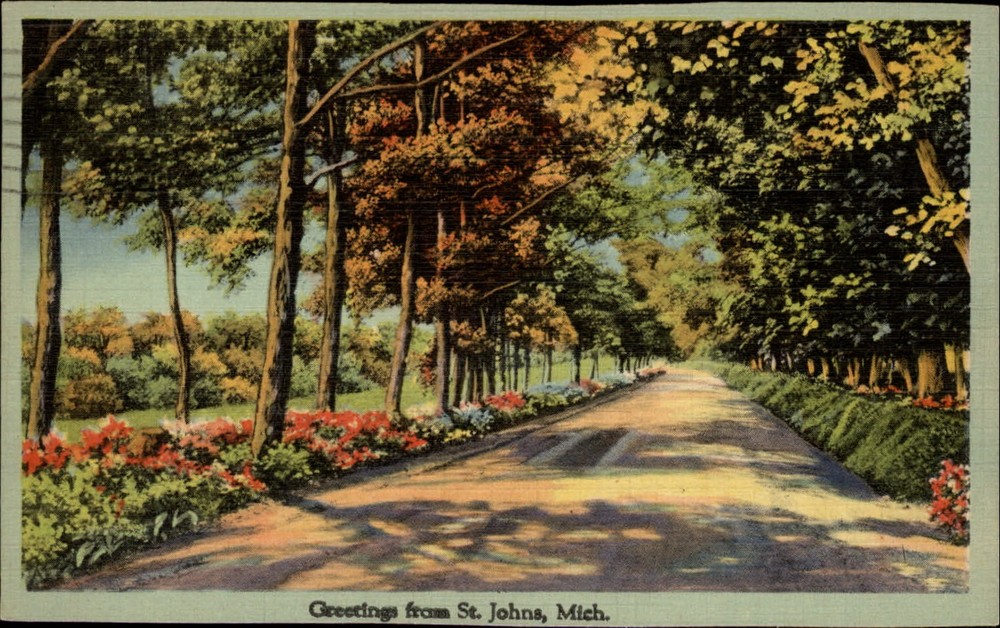 Michigan St Johns Greetings from roadside scene ~ 1944 linen postcard  ~ s9695