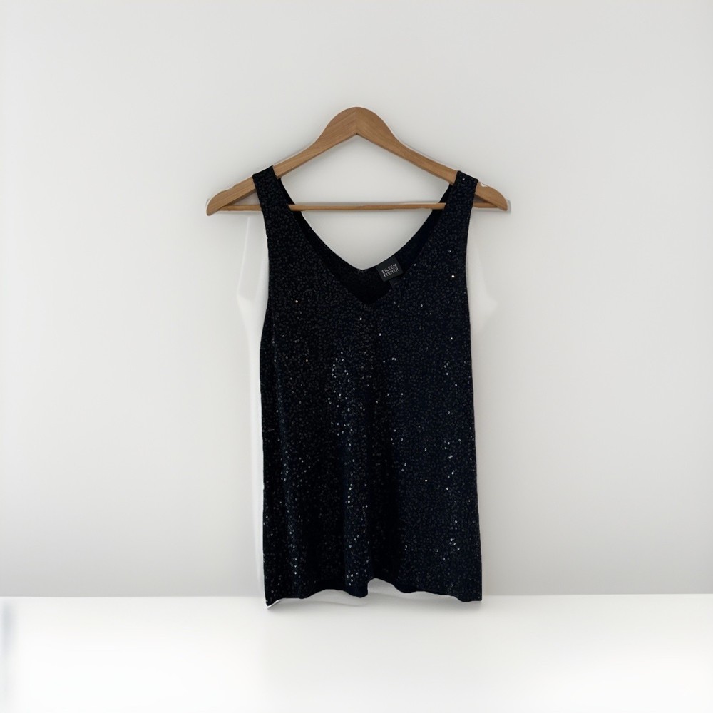 Eileen Fisher Black Silk Cotton Sequin V-Neck Tank Top Womens Size S Sleeveless