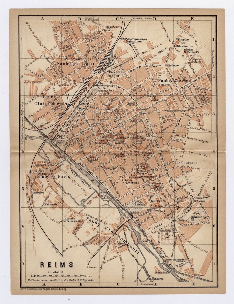 1905 Antique City Map Of Reims Rheims / Marne / France