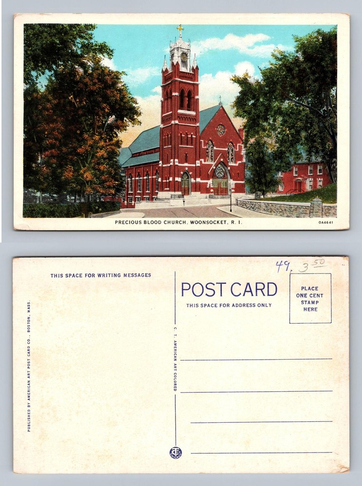 Woonsocket, RI-Rhode Island, Precious Blood Church PC Souvenir Vintage Postcard