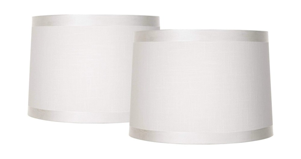 Set of 2 White Fabric Drum Lamp Shades, 13x14x10 Inch, with Harp and Finial