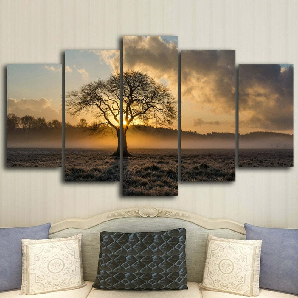 Beautiful Sunrise Tree & Clouds Framed 5 Piece Canvas Wall Art