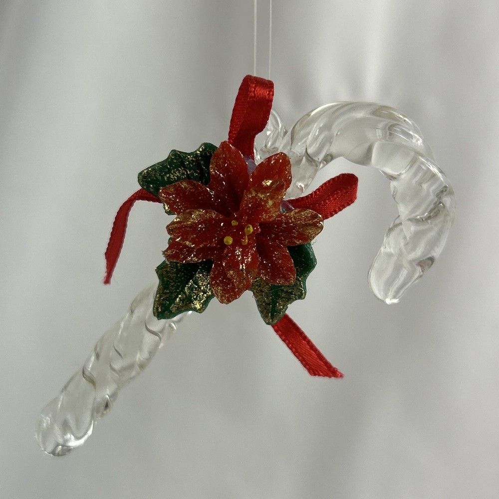 3-Inch Clear Acrylic Candy Cane Ornament with Red Green Poinsettia Accent for Christmas-image