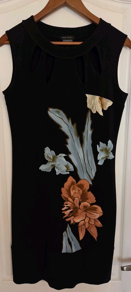 Eva Varro Black Floral Sheath Dress Sleeveless Round Neck Stretch Knit M Elegant