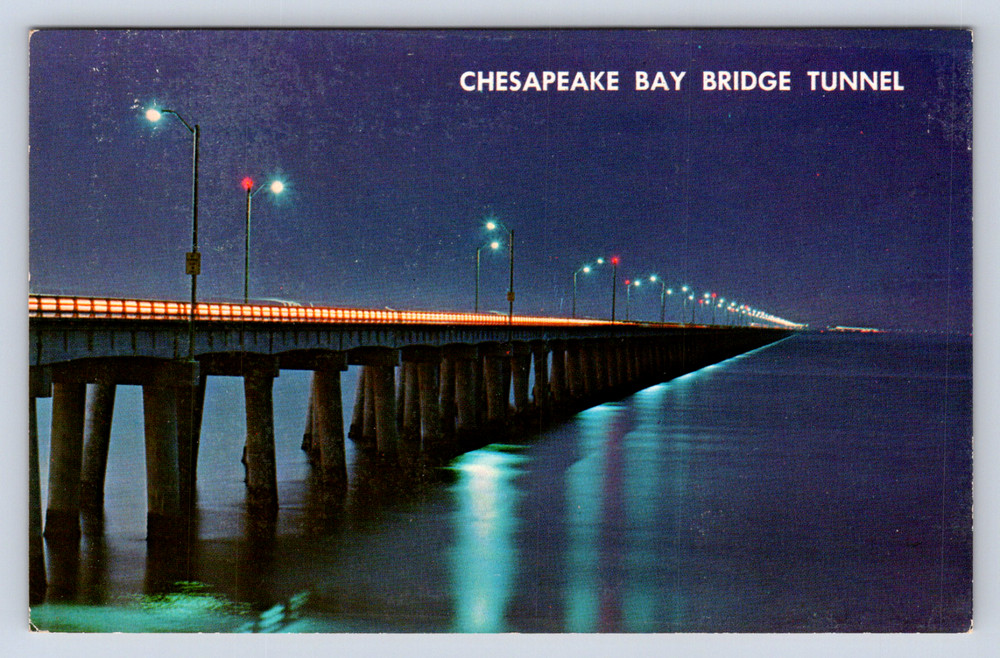 Vintage Postcard Chesapeake Bay Bridge Tunnell Virginia Night Scene