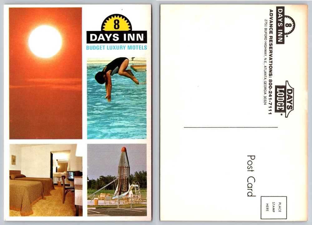 Vintage Days Inn Motel Atlanta GA Postcard Rocket Playground Pool Room 1970s