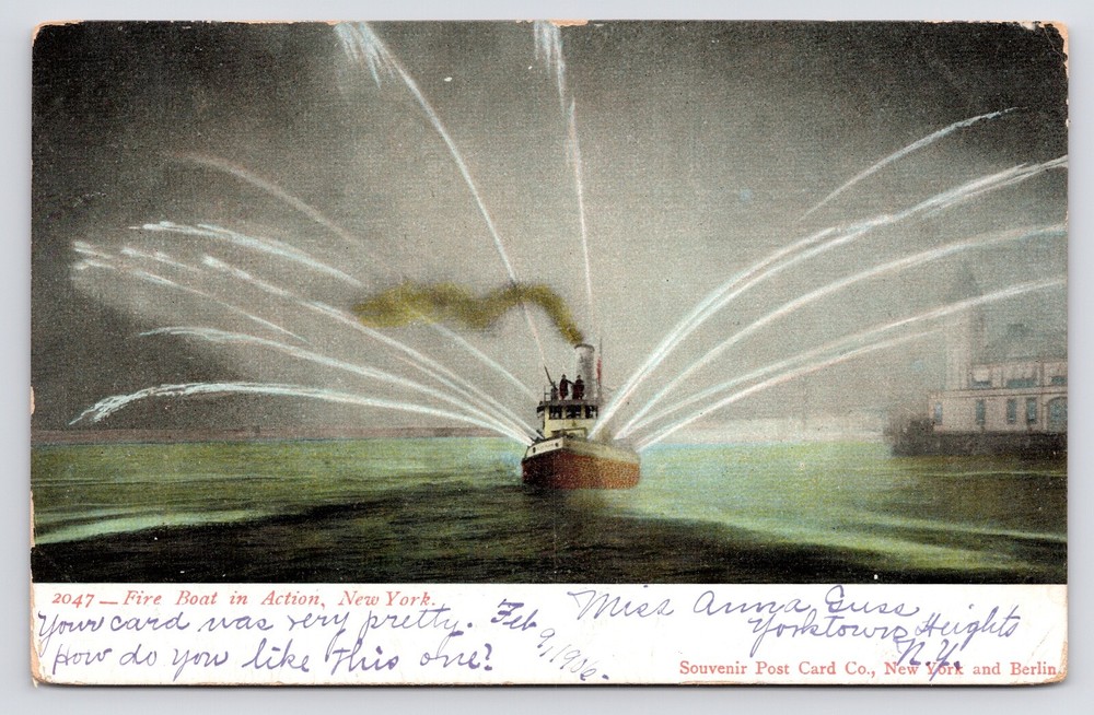 c1905~Fire Boat in Action~New York City NYC~Harbor~Bay~Antique Postcard