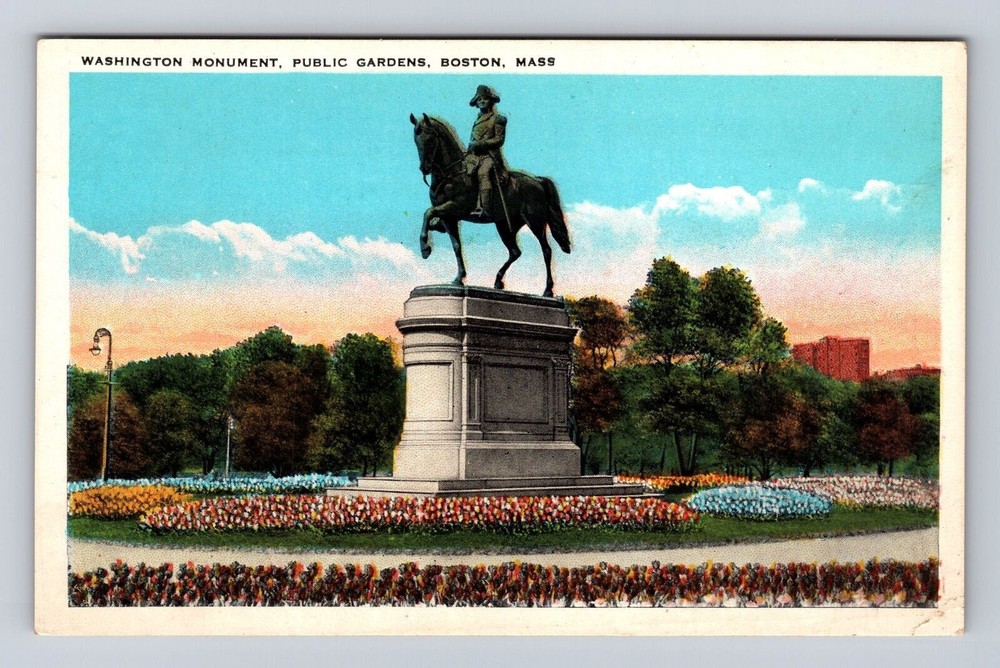 Boston MA- Massachusetts, Washington Monument, Public Gardens, Vintage Postcard