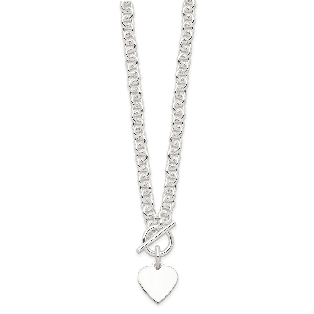 Sterling Silver Engraveable Heart Disc on Fancy Link Toggle Necklace 18