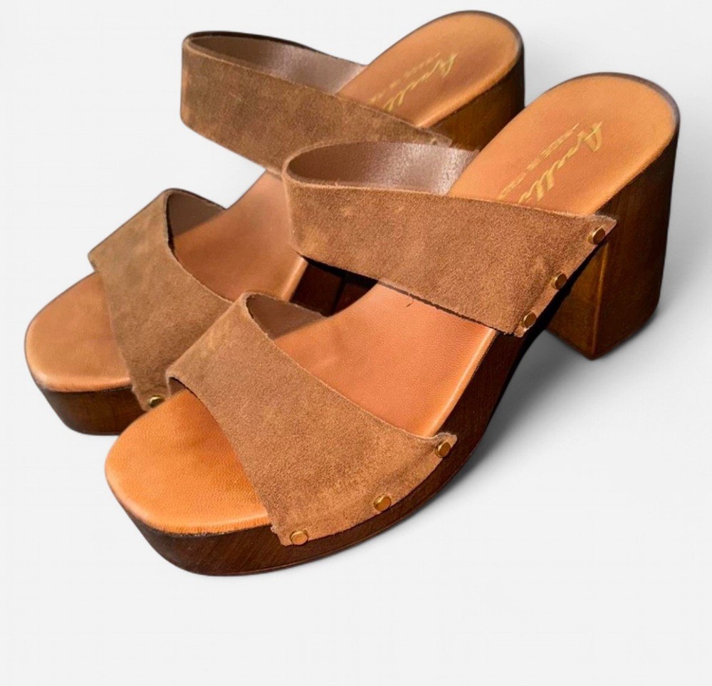 Tan and Brown Suede Platform Sandals Women's 8.5 Block Heel Excellent Condition