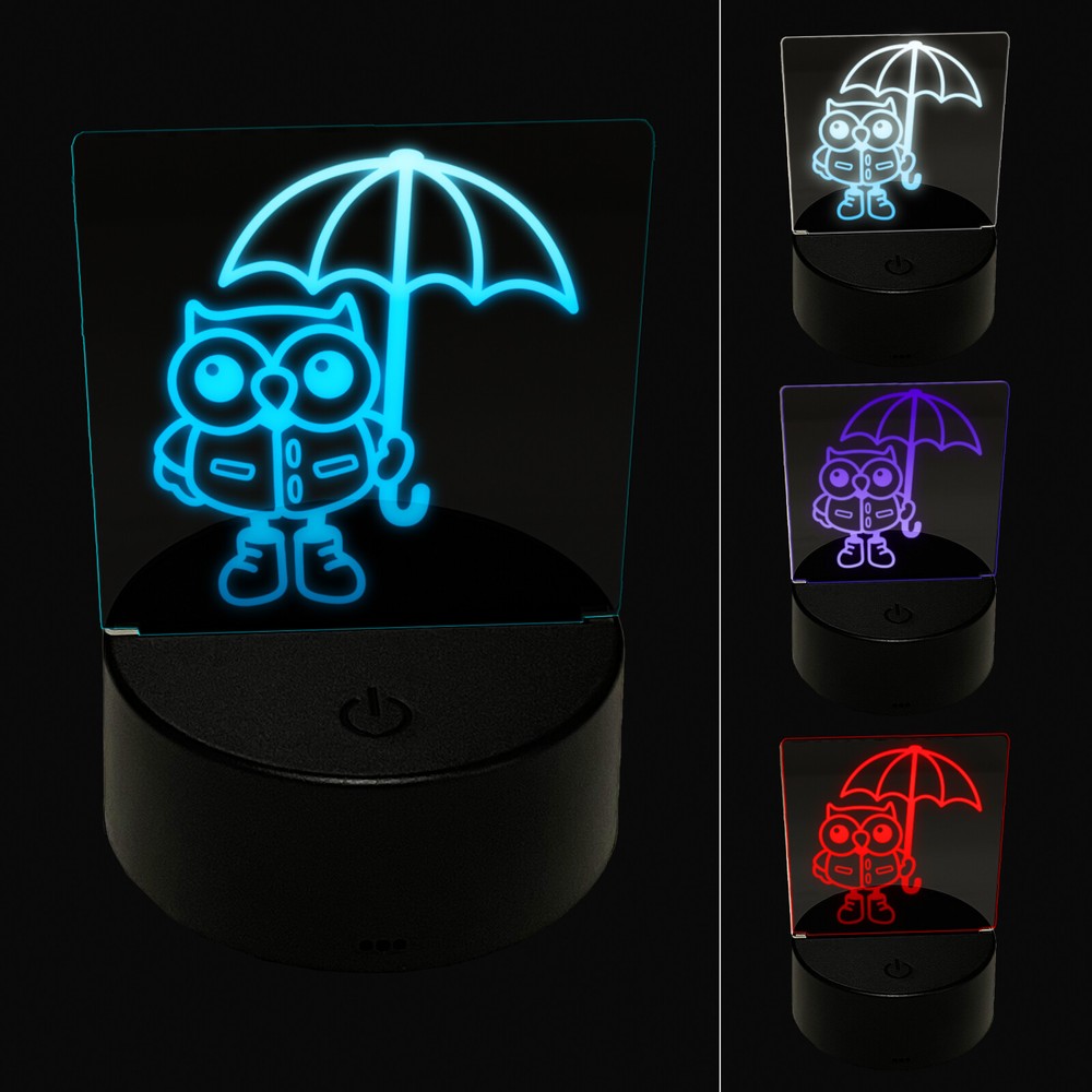 Rainy Day Owl 3D Illusion LED Night Light Lamp with Umbrella