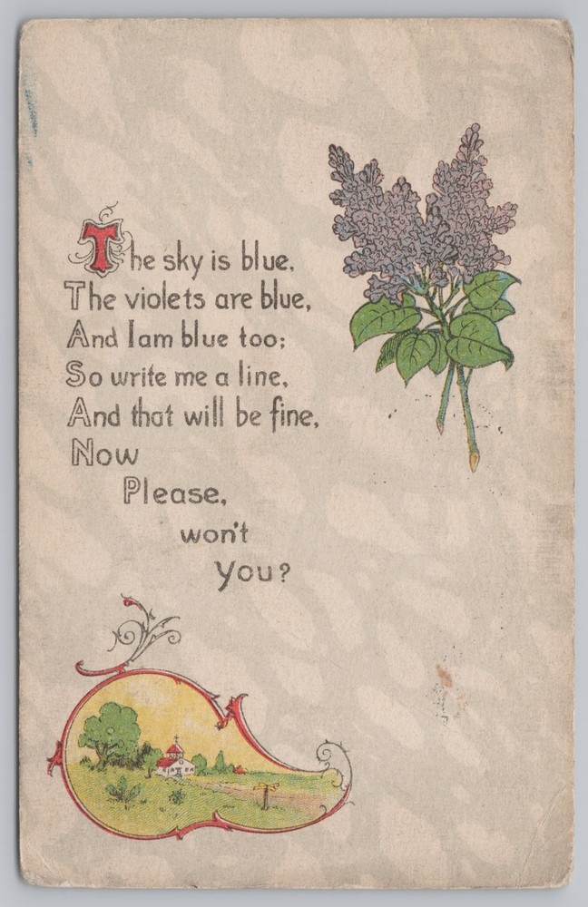 Greetings~Sky Is Blue Poem~Lilac Flowers & Little House Scene~PM 1915~Vintage PC