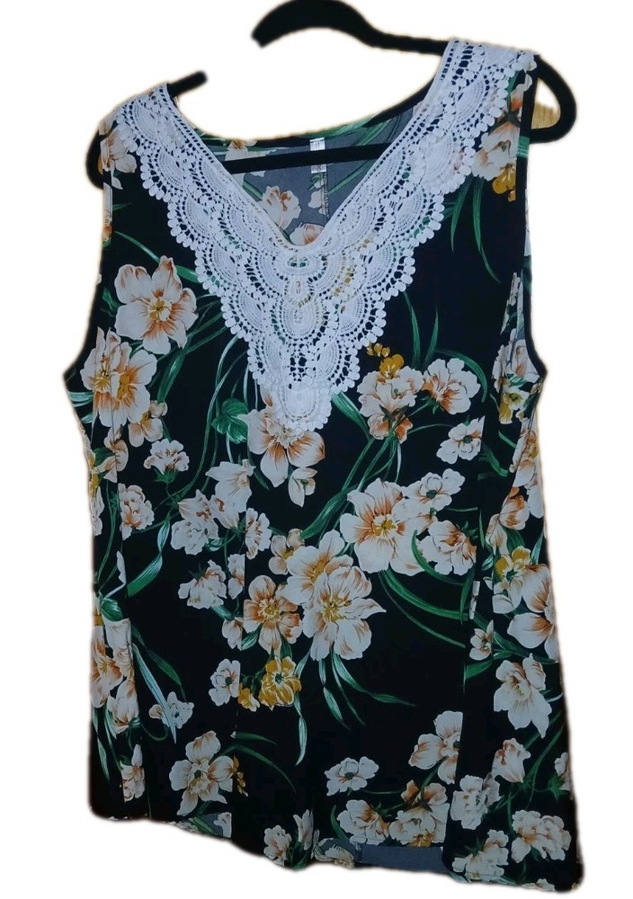 Rose Gal Tank Top Blouse Size 2X Black Floral Print Sleeveless Plus