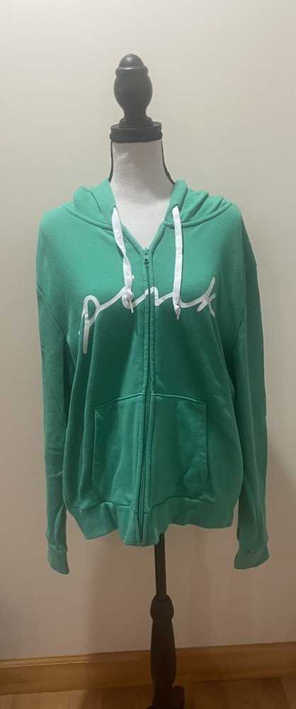 Victoria's Secret Pink Green Zip Up Hoodie White Cursive PINK Logo XL
