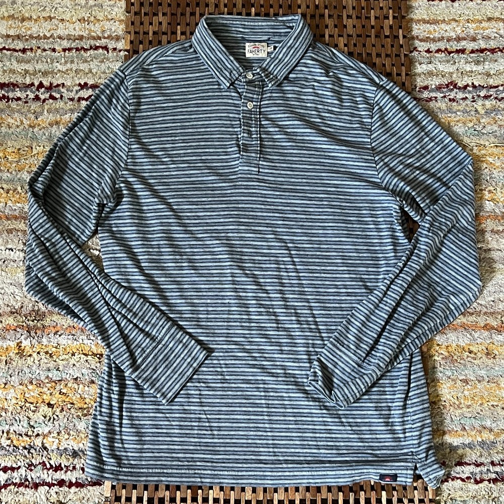 Faherty Striped Long Sleeve Polo Golf Shirt Men's Size Large L
