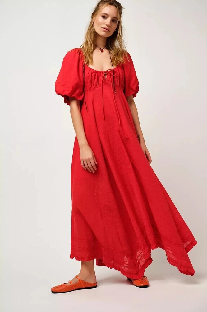 Free People On My Level Red Maxi Dress Size Small  RRP £158 Handkerchief Hem