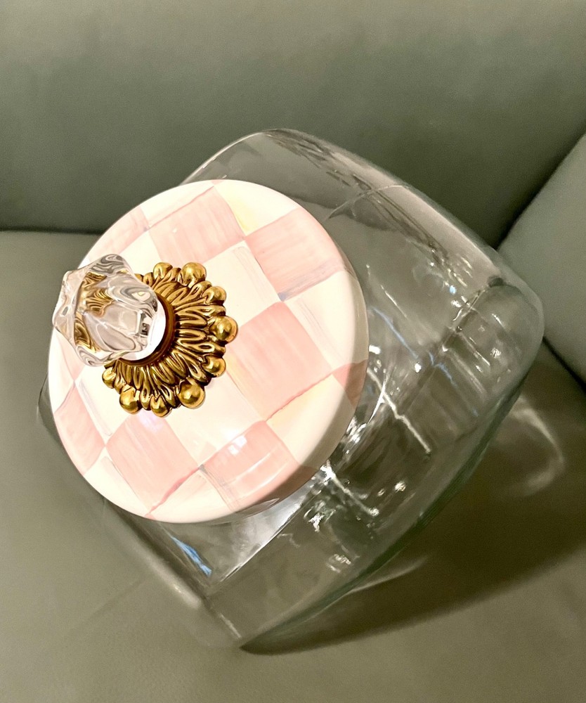 NEW MacKenzie Childs  ROSY CHECK COOKIE JAR 1-Gallon Glass Base, Rosy Enamel Lid