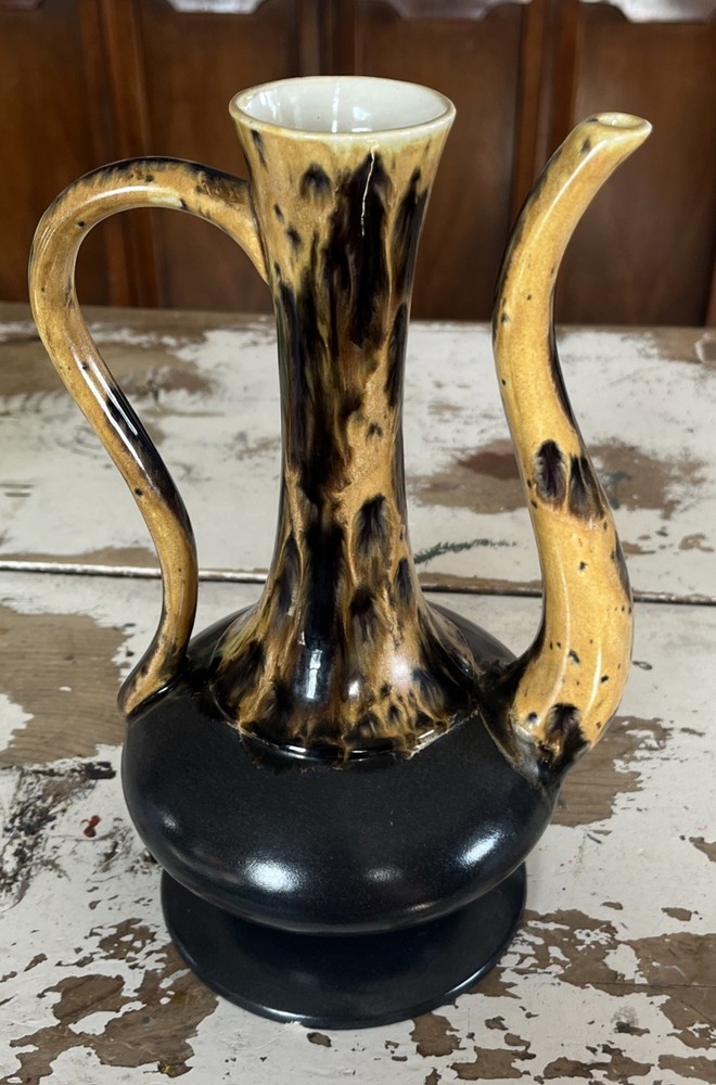 VTG MCM Studio Art Pottery Pitcher Vase Ewer Drip Glaze Black Brown 10.25”