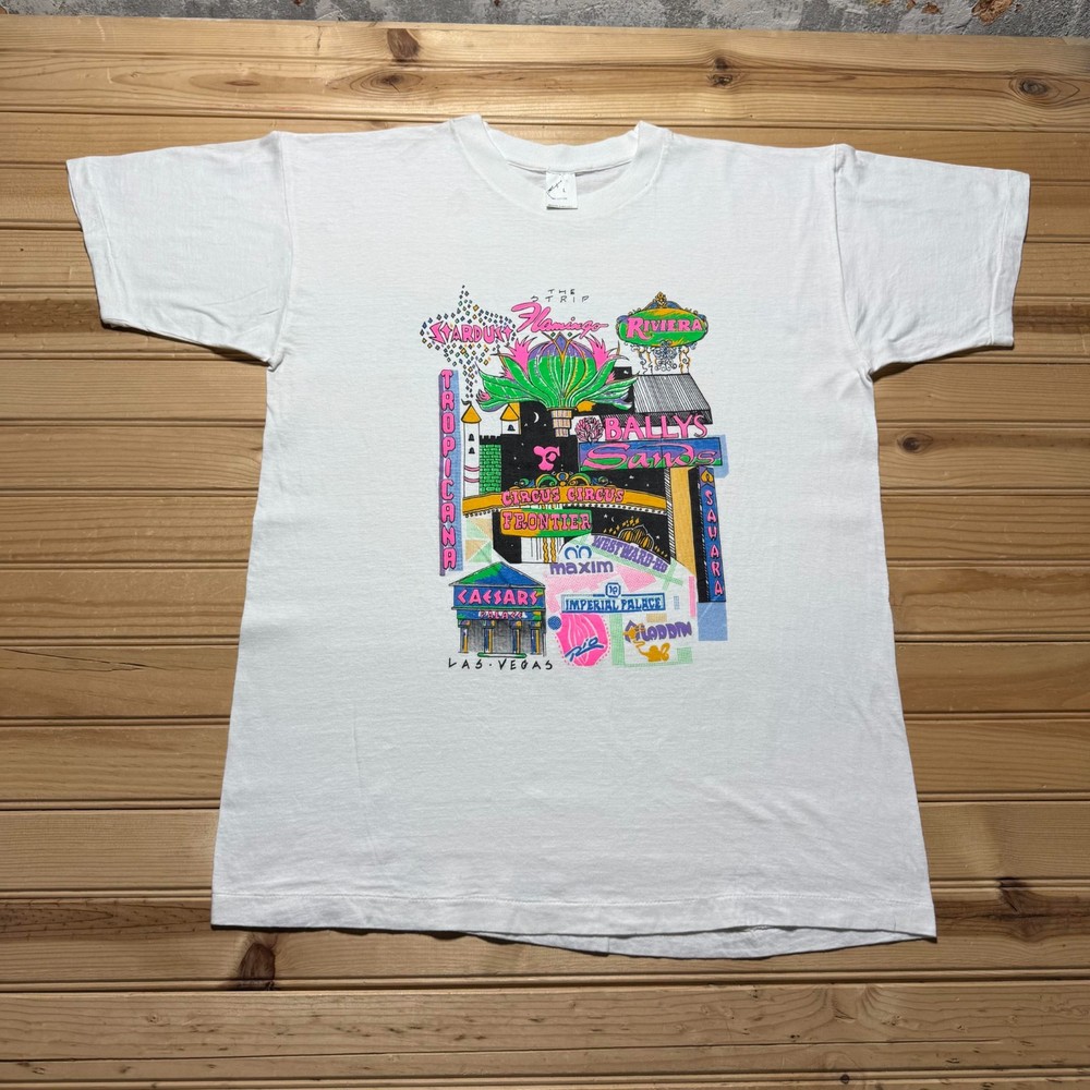 Vintage 90s Las Vegas The Strip Casino Hotels Neon Graphic Souvenir Shirt Large