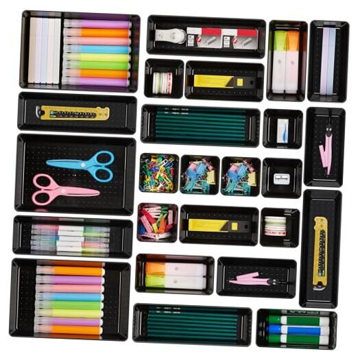 25 PCS Office Desk Drawer Organizers Set, 4-Size Versatile Plastic Black