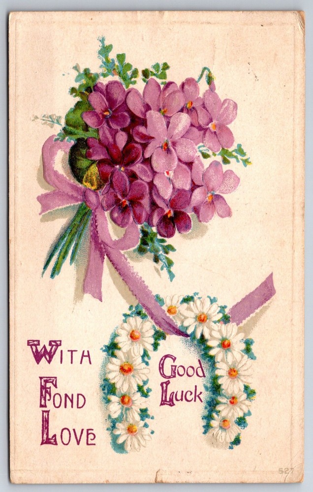 Greetings~Purple Violets With Fond Love Good Luck~Vintage Postcard