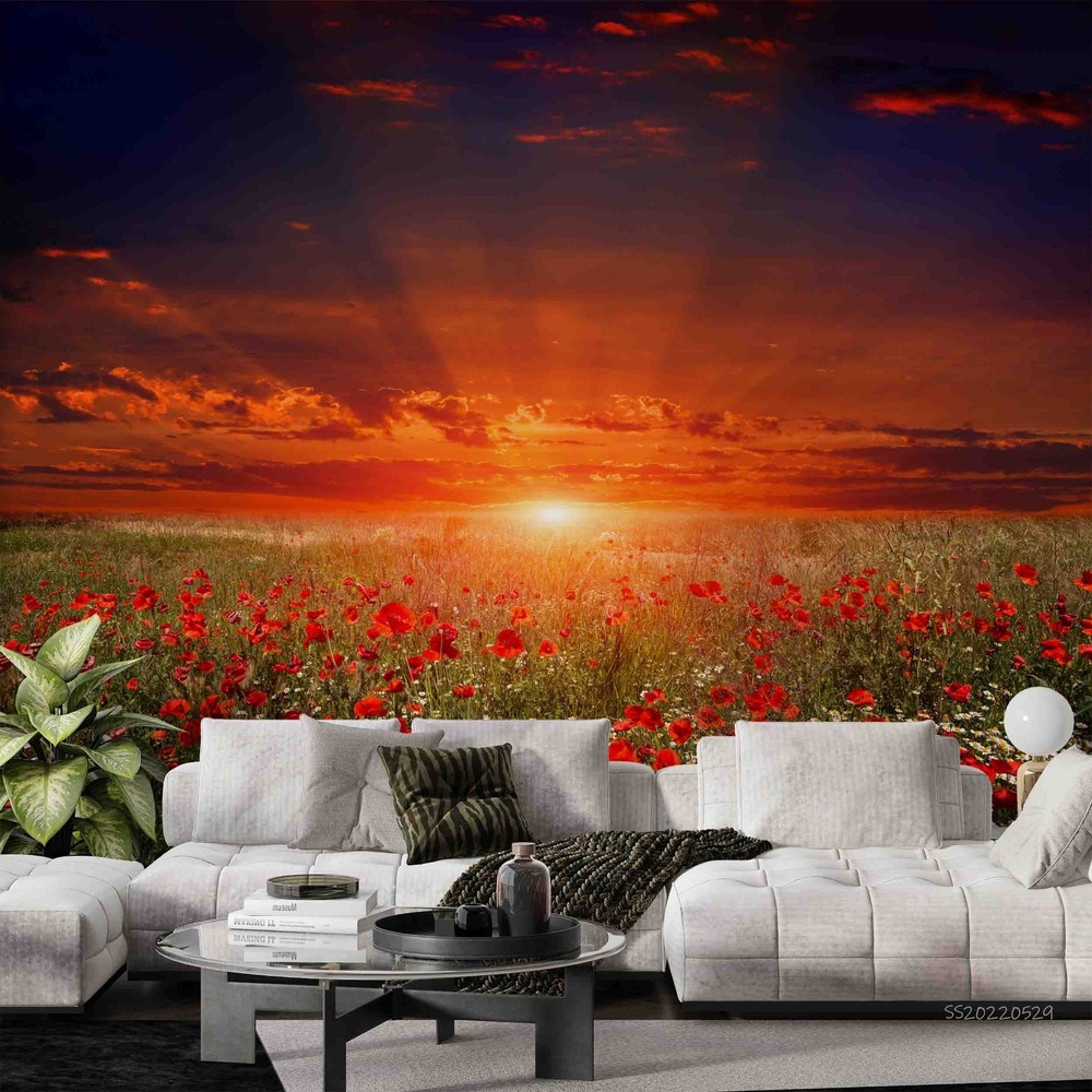 3D Sky Poppy Field Sunset Landscape Wall Murals Wallpaper Murals Wall Sticker