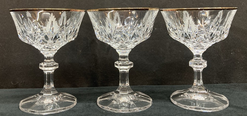 Cut Lead Crystal Champagne Sherbet Glasses w/Gold Trim 6oz Set of 3