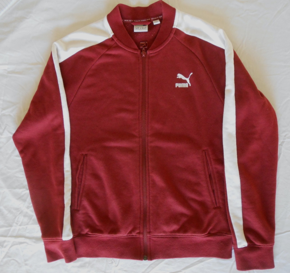 Puma Women's Red Classics T7 Track Jacket White Strip Cotton Blend Sz PS Retro