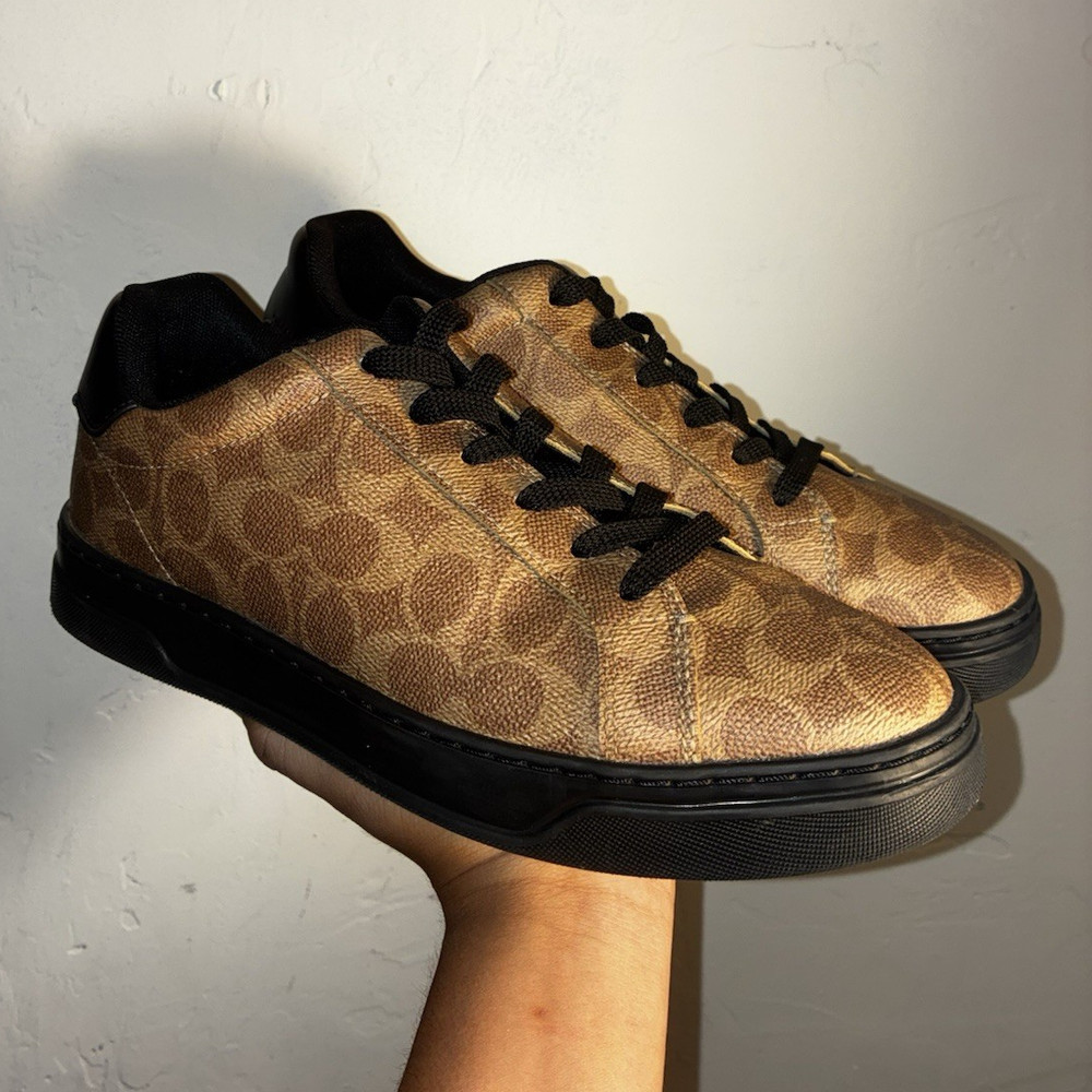COACH Men’s Size 9 Brown Signature Logo Leather Lace-Up Low Top Sneakers