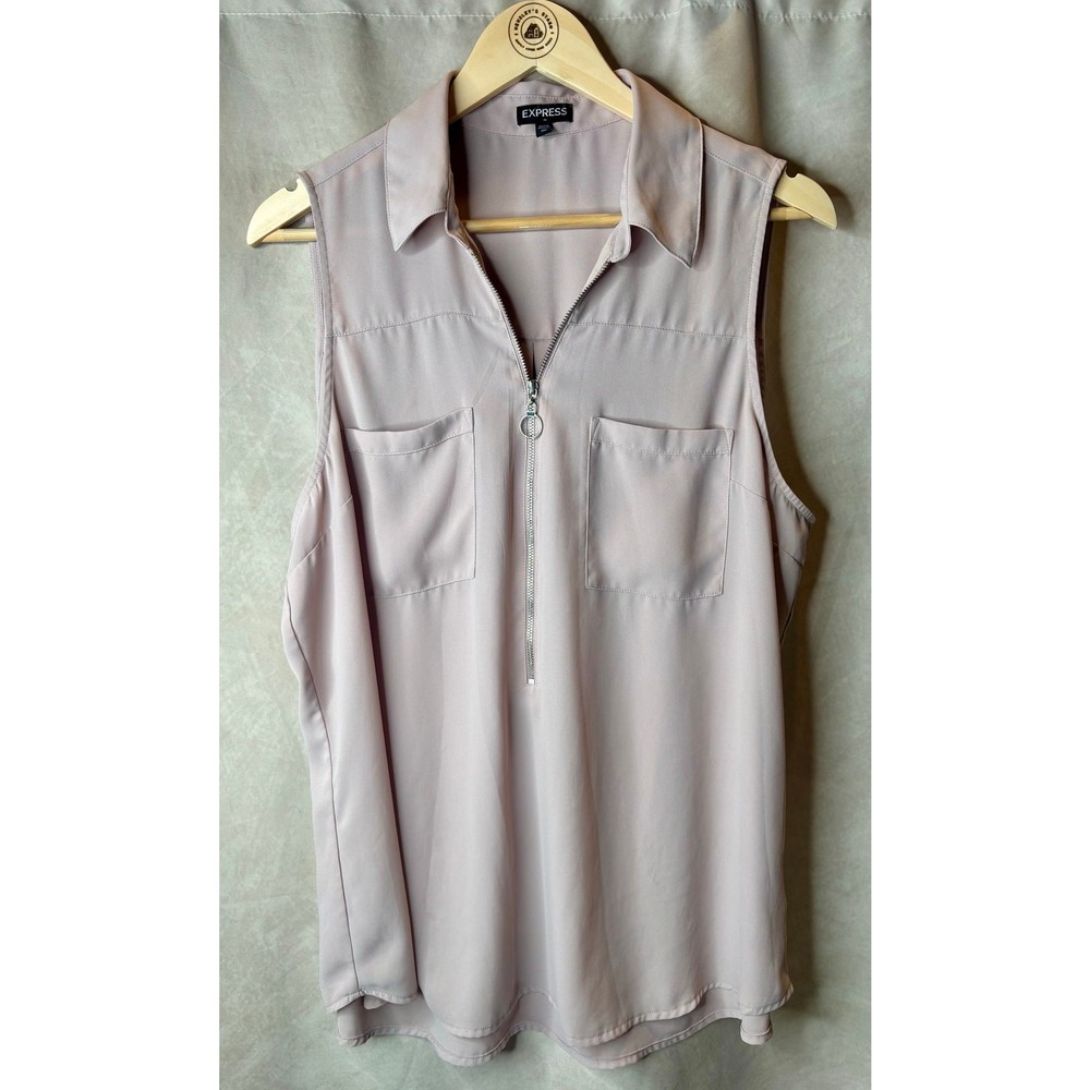 Express Sleeveless Blush Pink Zip Front Blouse XL Taupe Utility Pocket Top