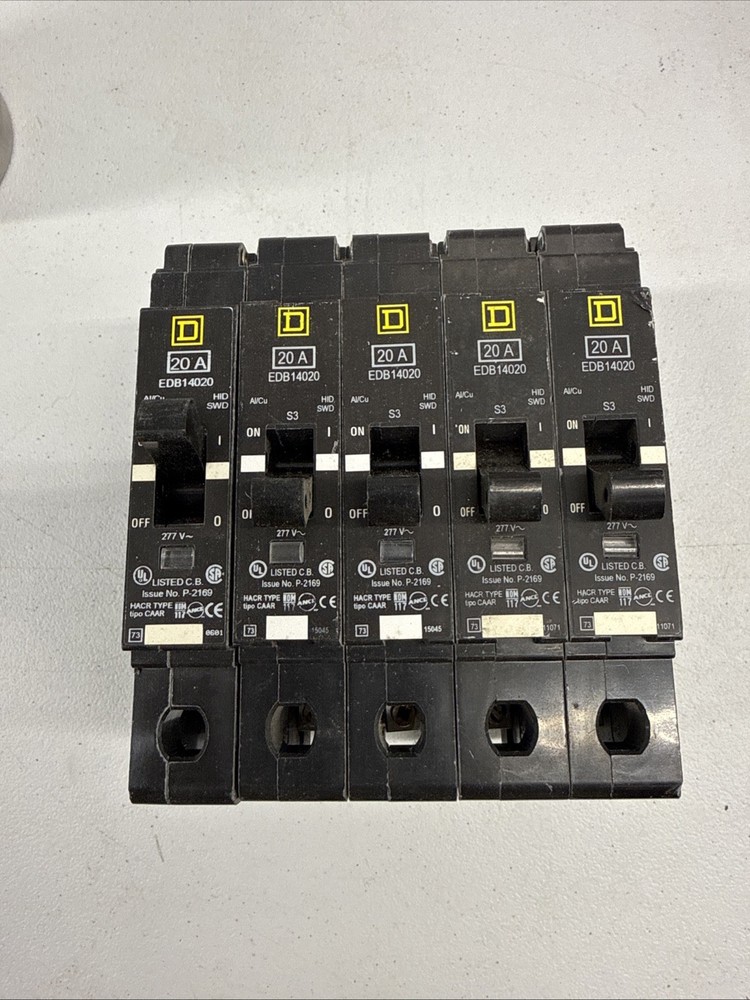 Lot of 5 Square D EDB14020 Circuit Breaker 20A 1P 20 Amp 1 Pole Bolt-On EDB