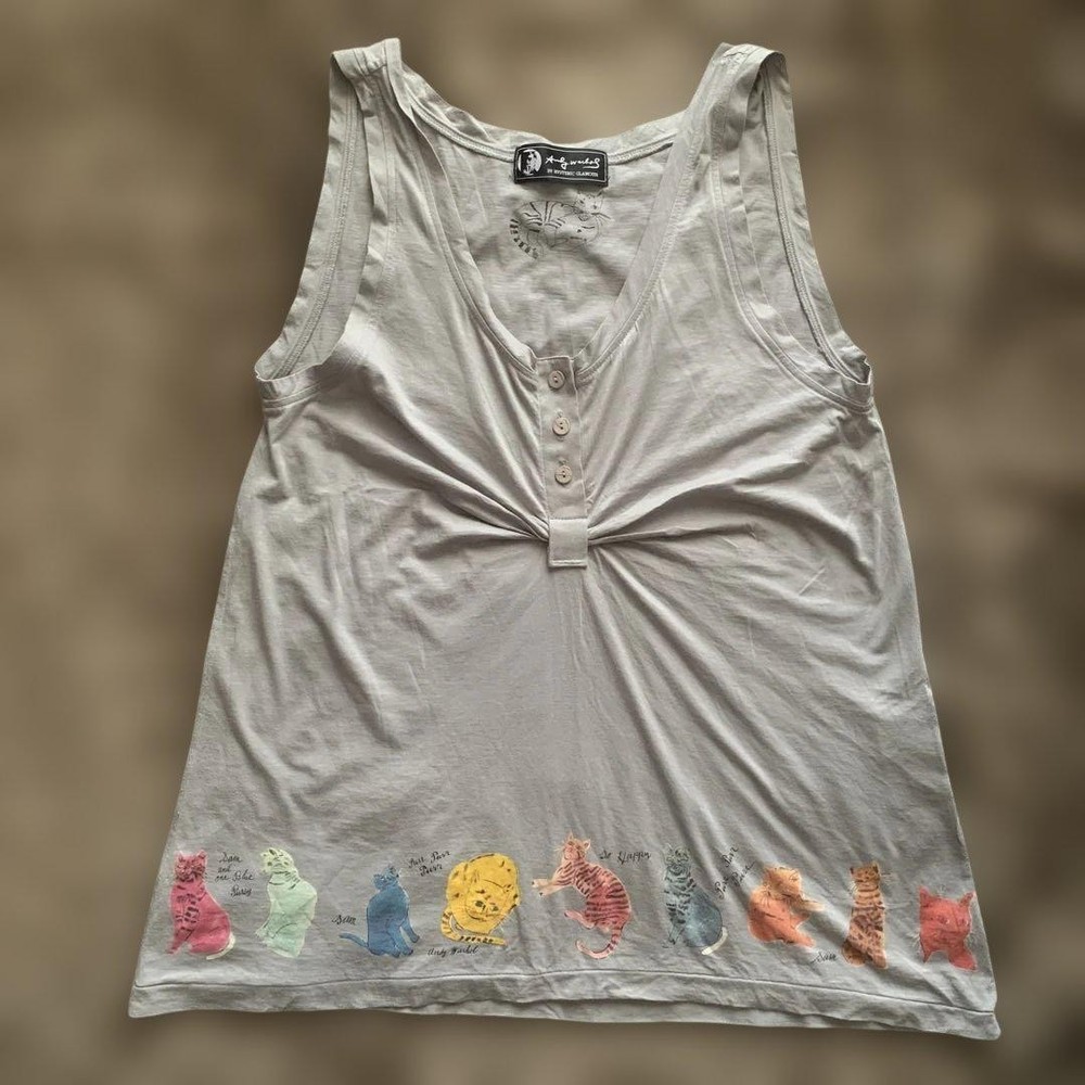 HYSTERIC GLAMOUR Andy Warhol Cat Graphic V-Neck Tank Top in Gray Preowned