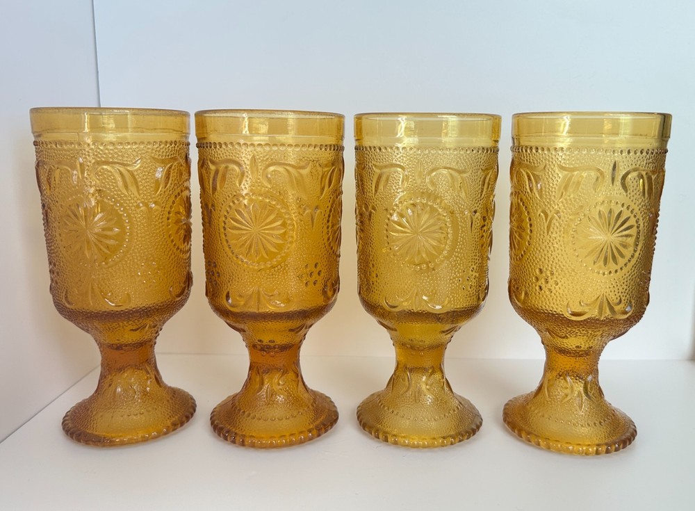Vintage Indiana Amber Glass Daisy Patterned Goblets Drinking Glasses Set of 4