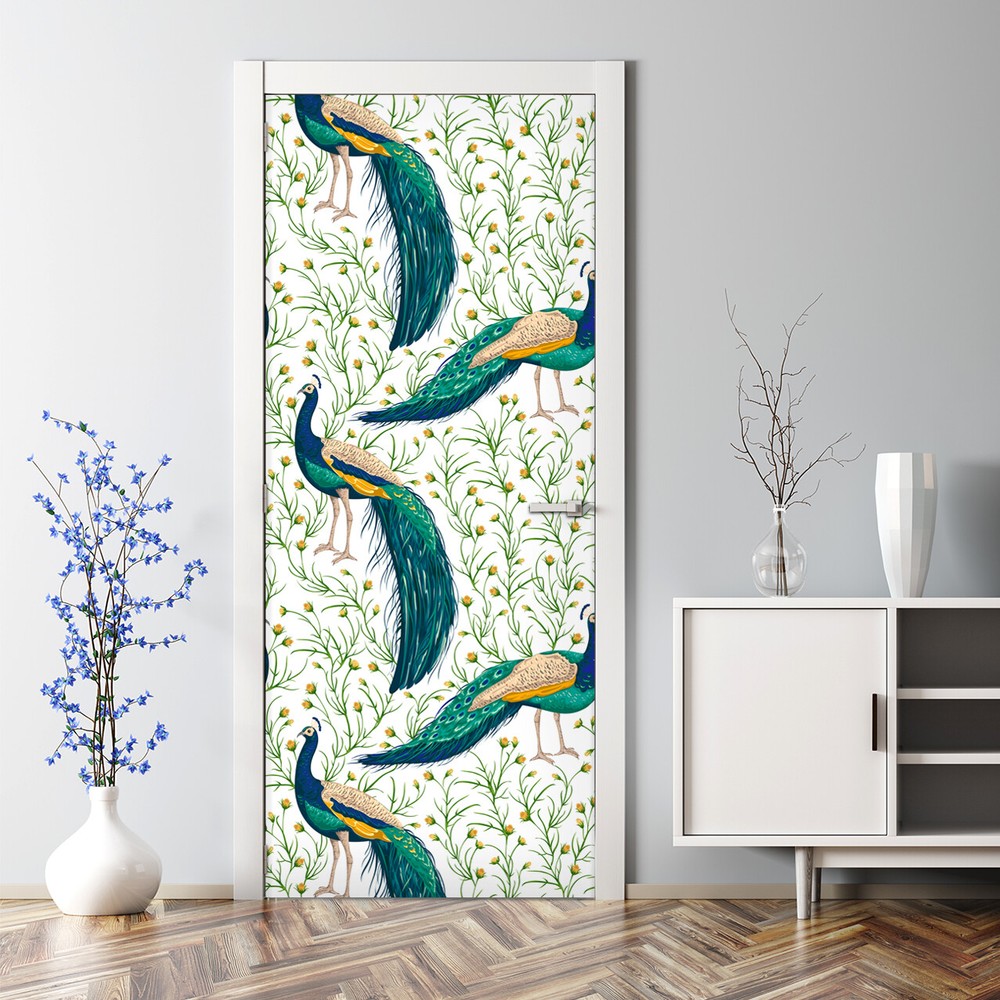 Peacock Birds Animals Bubble Free Door sticker green mural Self Adhesive