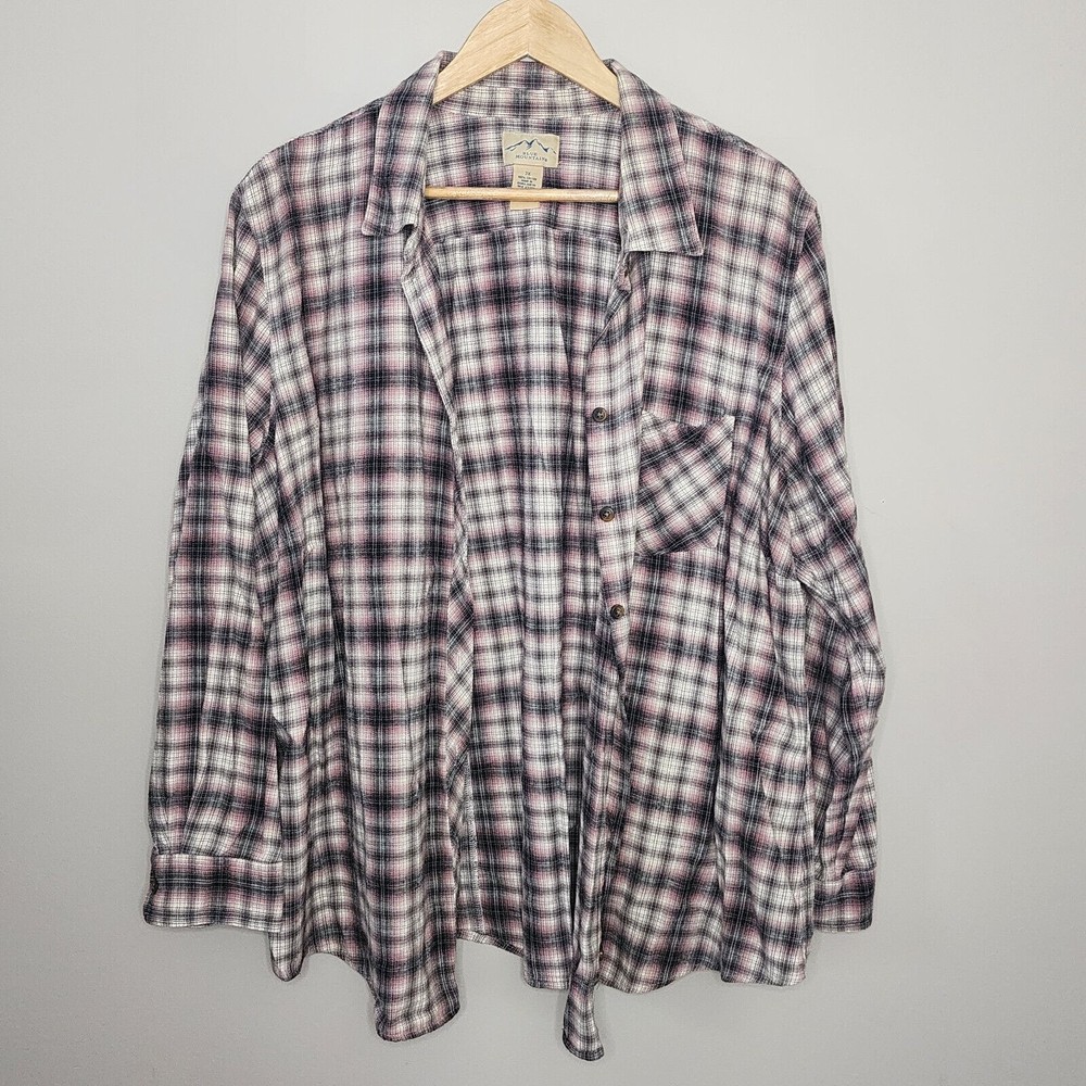 Blue Mountain Flannel Shirt Pink Black White Plaid Cotton Womens 2X