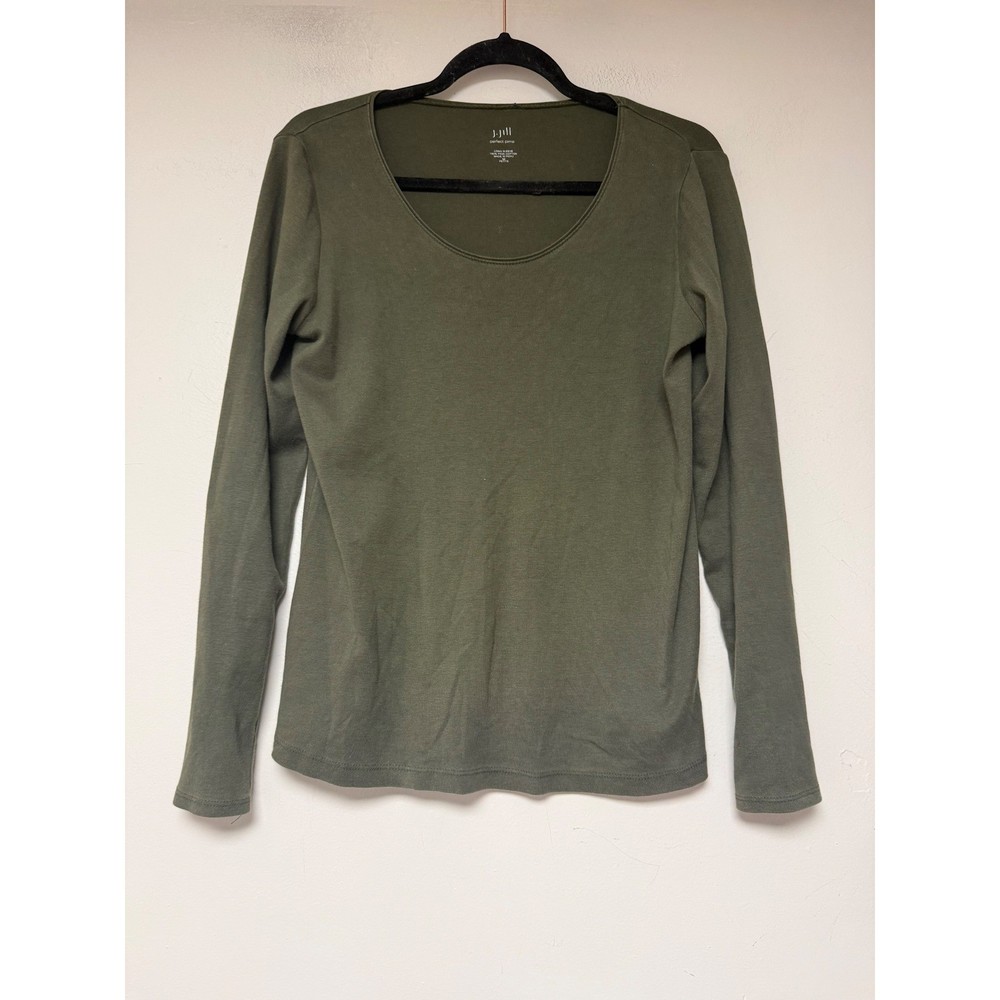 J. Jill Perfect Pima Long Sleeve Women Medium Petite Olive Green Excellent Scoop