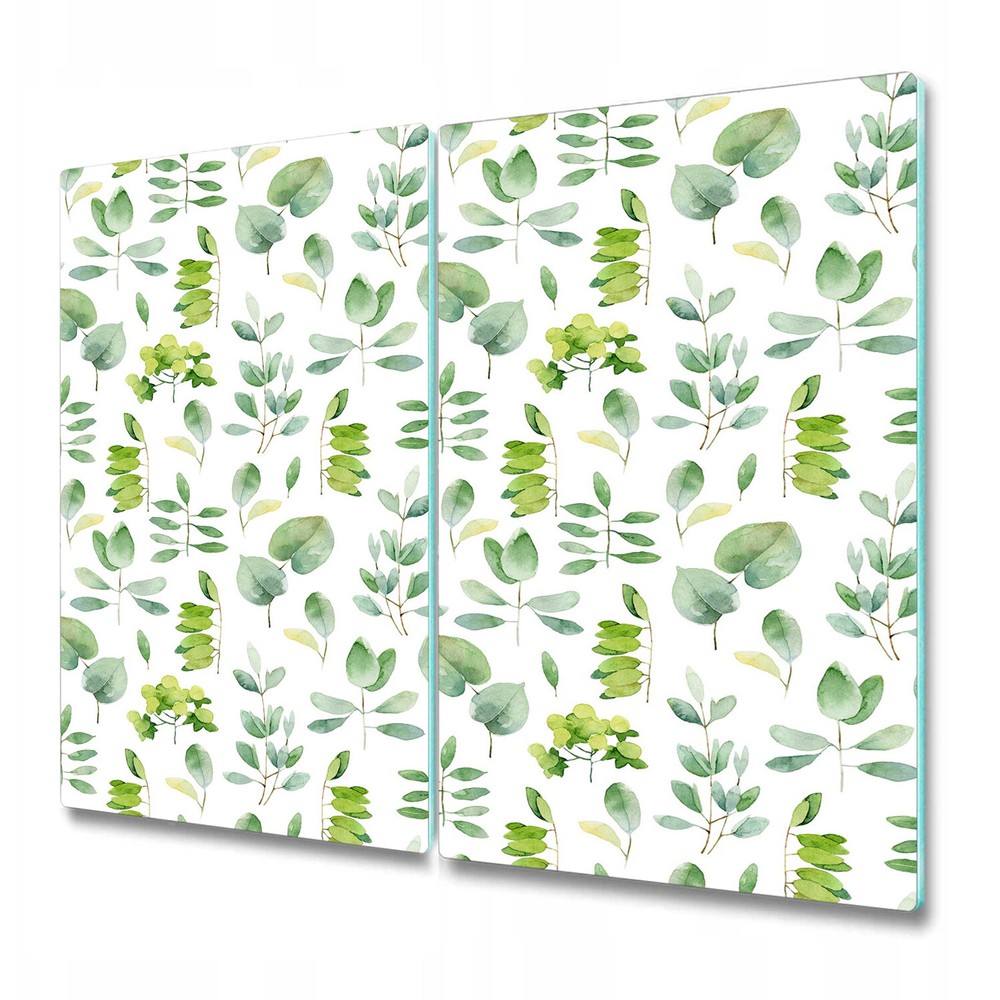 Glass Induction Ceramic Hob Cover Worktop Saver Watercolour leaves green 2x30x52