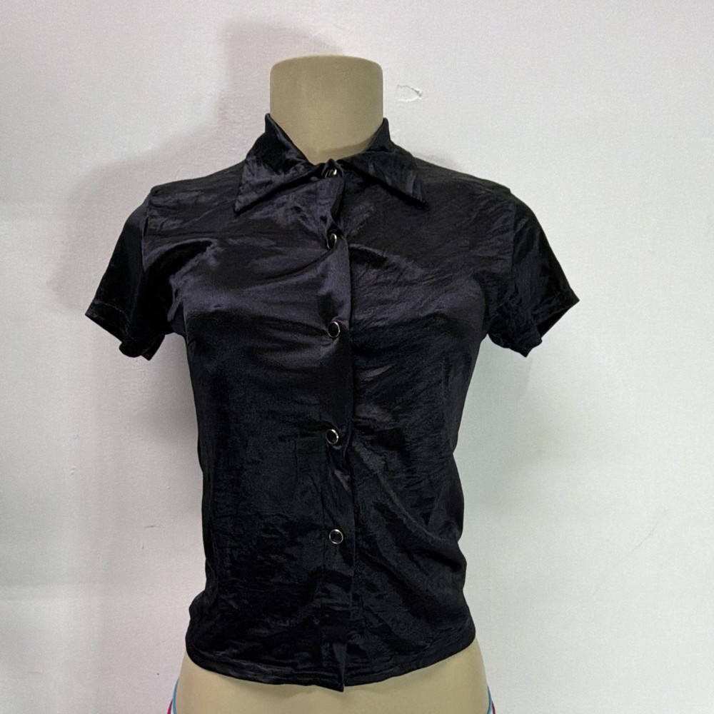 Cheryl Creations Black Satin Nylon Button-Front Blouse, Collared Short Sleeve S