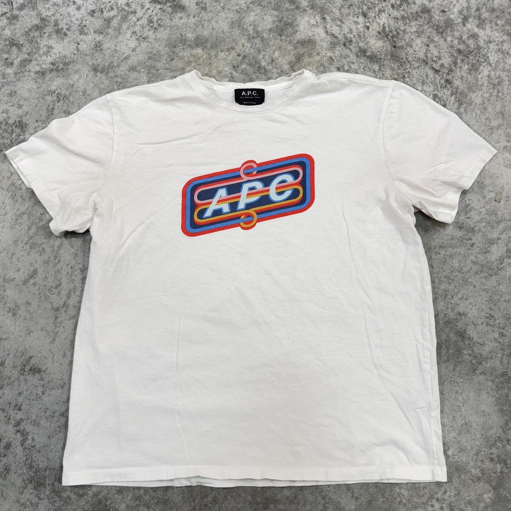 A.P.C. Shirt Mens Large White Graphic Logo Retro Tee Short Sleeve Streetwear