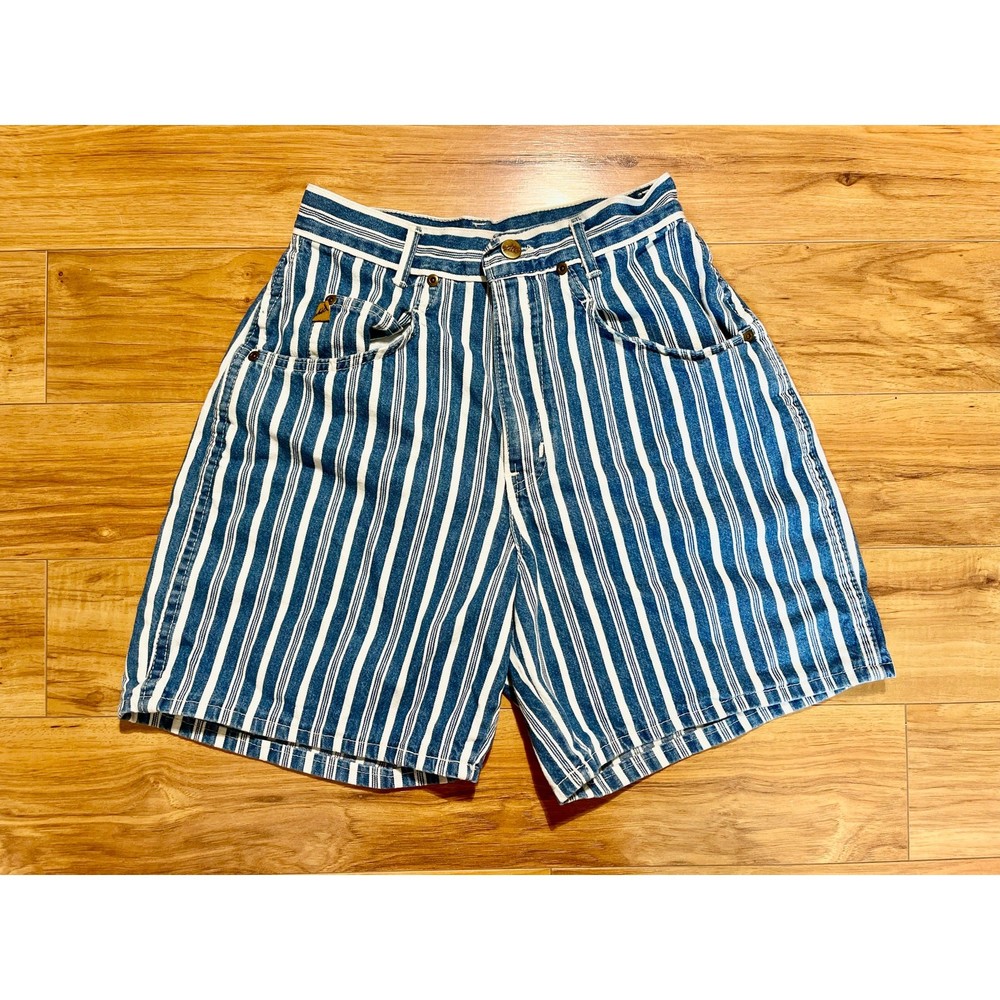Vintage Chic 1990s Blue & White Stripped Denim High Waisted Mom Shorts SZ 9 Y2K