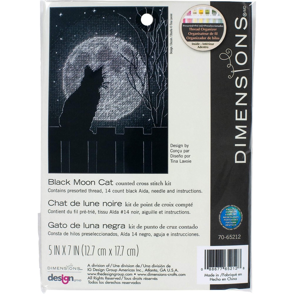 70-65212 Black Moon Cat Counted Cross Stitch Kit, 14 Count Black Aida Cloth, ...
